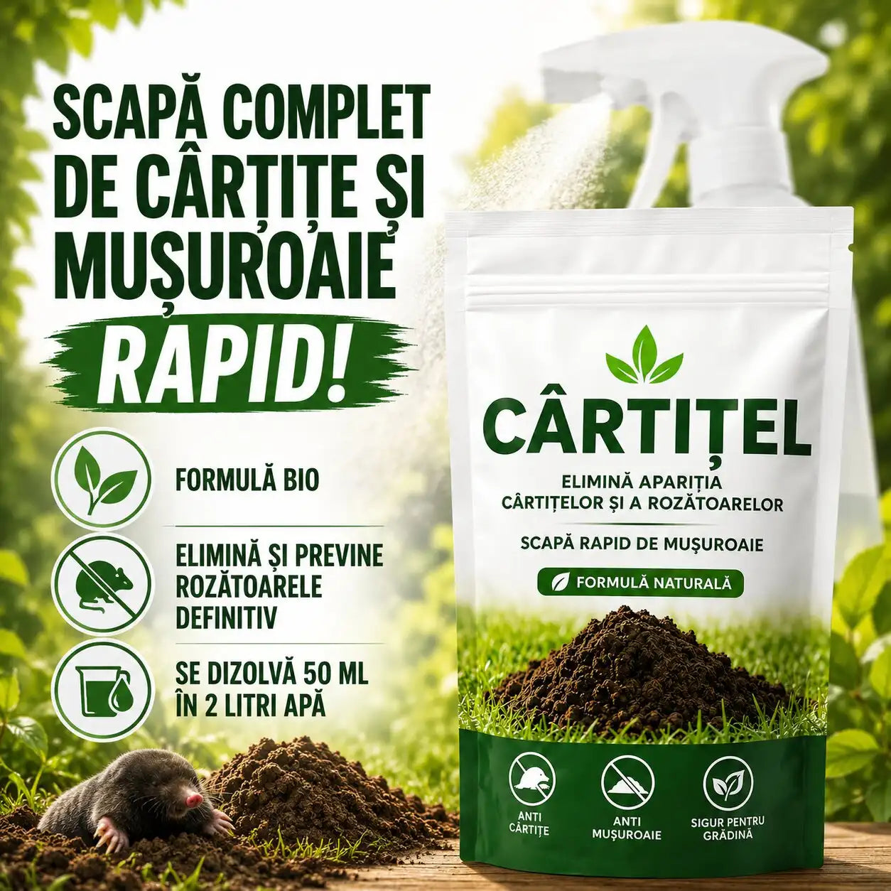 CÂRTIȚEL® - Scapă de Mușuroaie și Cârtițe